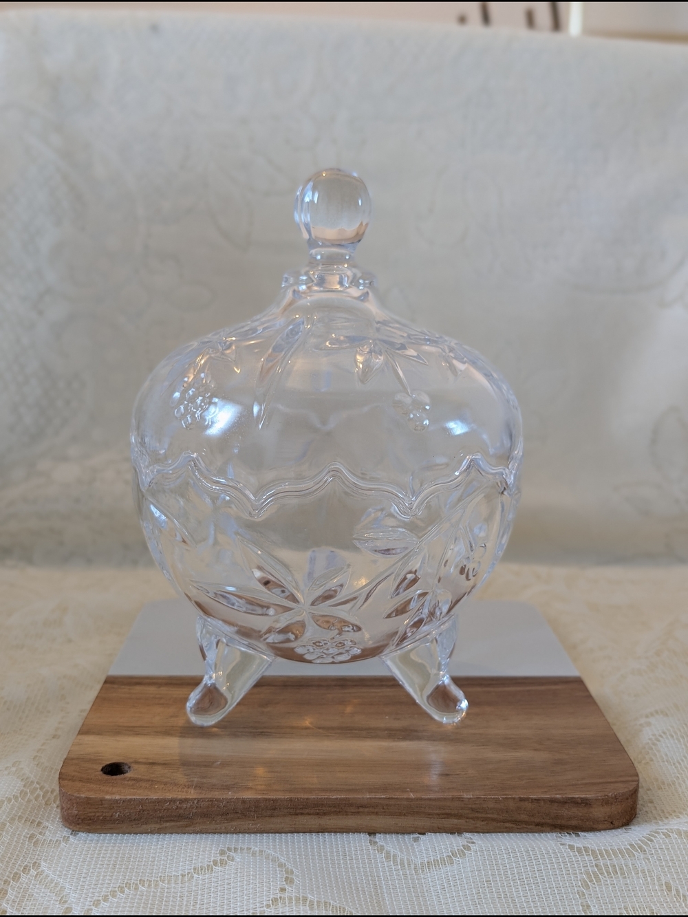 Vintage Pressed Glass Candy Dish with Lid — Floral Pattern on Pedestal Feet